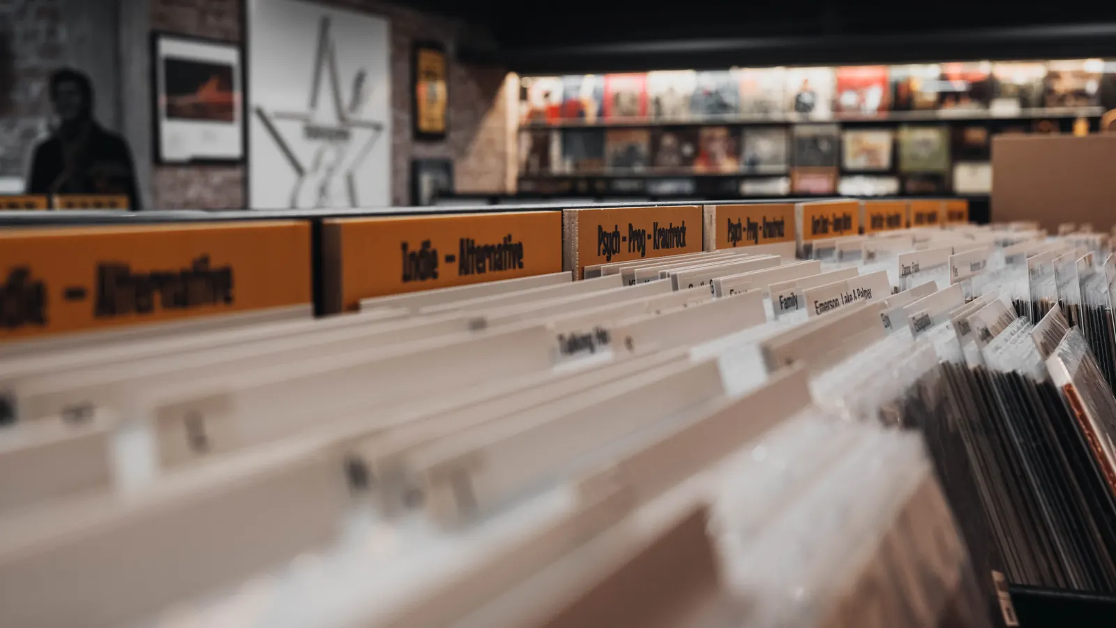 Nahaufnahme der Plattenfächer mit Genre-Schildern wie Indie und Alternative